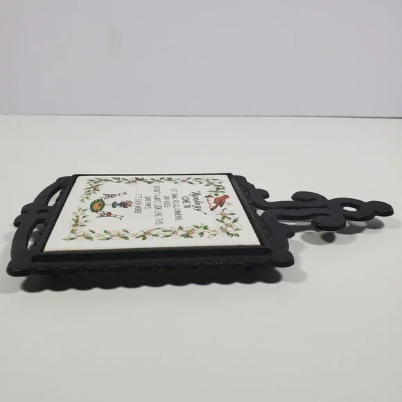 MCM Cast Metal Ceramic Tile Wall Plaque Trivet Vintage Apology Birds Flowers - Picture 9 of 14
